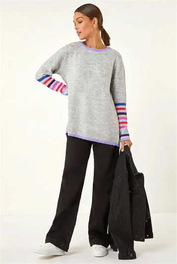Grey Contrast Stripe Detail Knit Jumper
