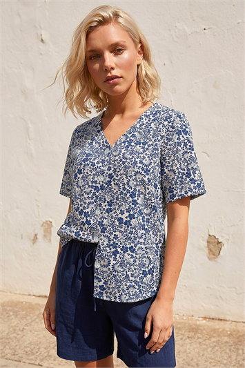 Blue Petite Floral Print Button Up Blouse