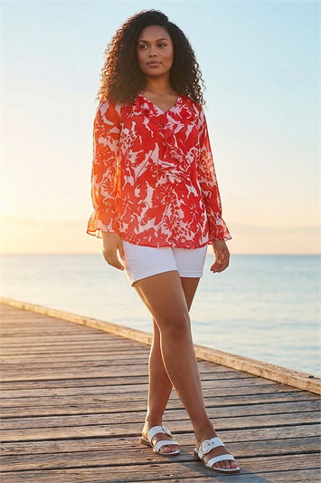 Curve Floral Frill Front Top 20249978