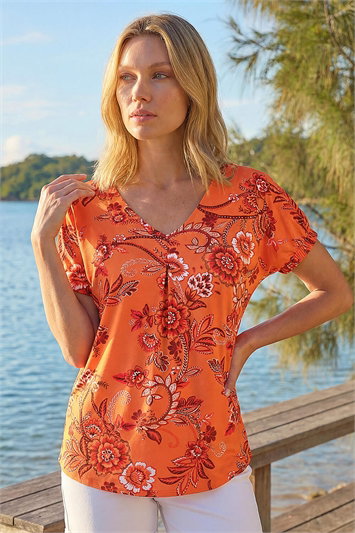 Orange Floral Print Pleat Front Top