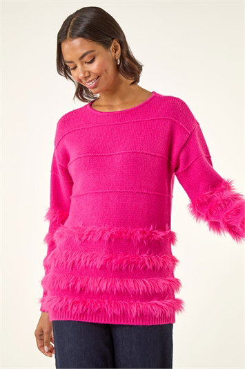 Pink Fluffy Trim Knit Jumper