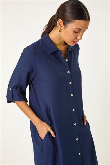 Blue Button Through Shirt Midi Dress