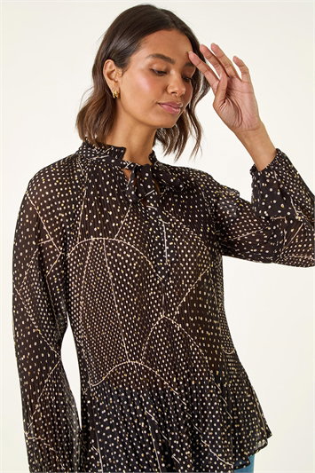 Black Spot Print Tie Neck Pleated Top