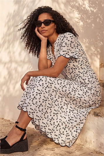 White Floral Embroidered Button Midi Dress