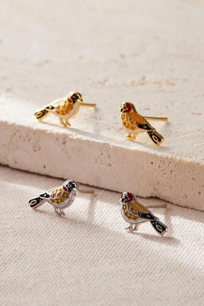 Metallic Goldfinch Birds S925 Sterling Silver Stud Earrings