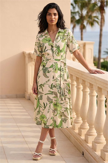Green Floral Tie Waist Shirt Dress