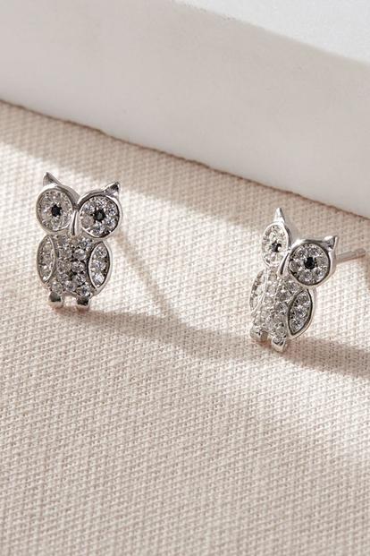 Metallic Sterling Silver Cz Owl Studs