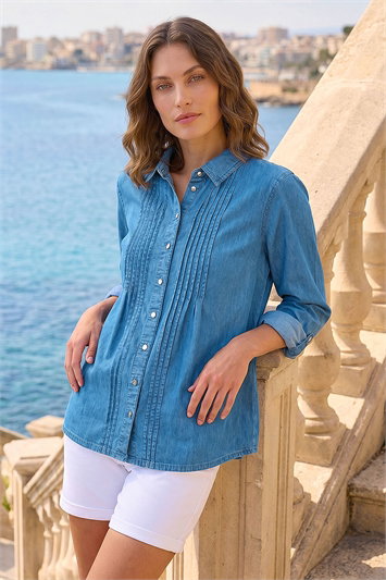 Blue Petite Pintuck Button Up Blouse
