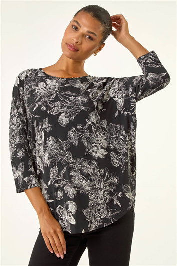 Black Floral Puff Print Stretch Top