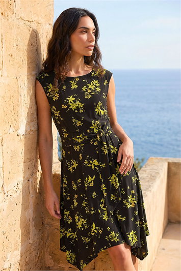 Floral Tie Waist Hanky Hem Dress 14854134