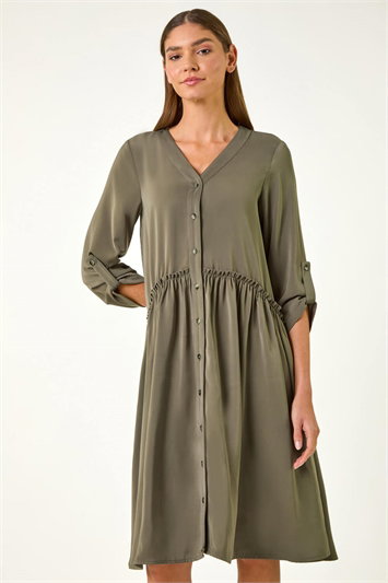 Green Satin Drop Waist Smock Dress