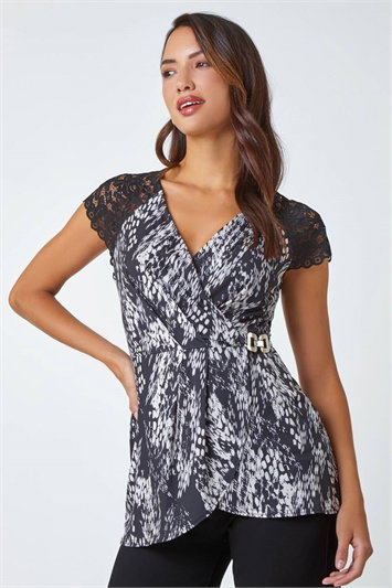 Black Abstract Lace Trim V-Neck Stretch Wrap Top