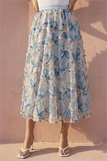 Blue Textured Mesh Floral Midi Skirt