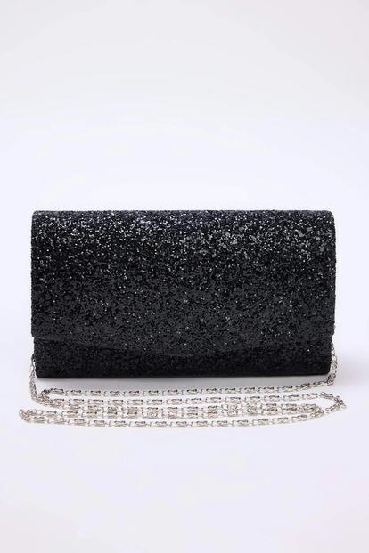 Black Women's Glitter Envelope Clutch Bag With Chain Strap