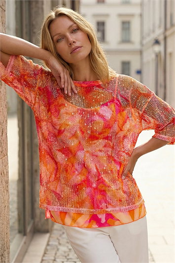 Orange Floral Mesh Overlay Top