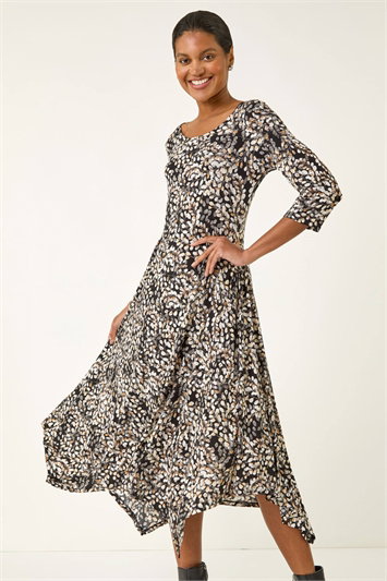 Printed Hanky Hem Stretch Midi Dress 14763306