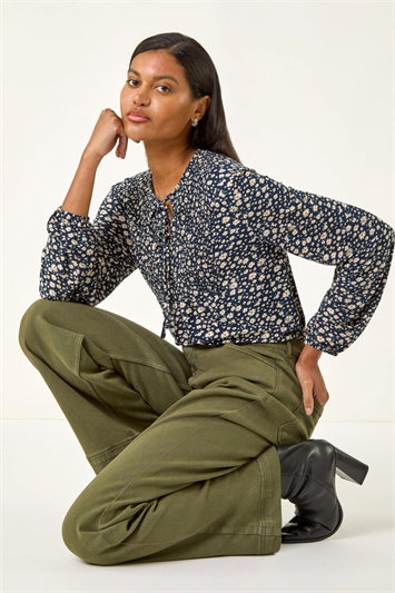 Blue Printed Shirred Tie Neck Top