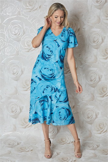 Blue Rose Print Bias Cut Chiffon Midi Dress