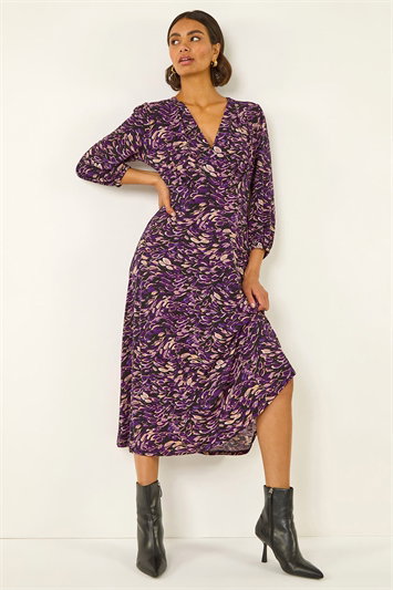 Purple Abstract Print Midi Dress