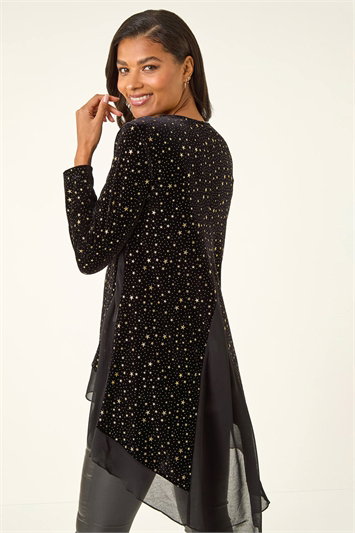 Metallic Star Print Velvet Chiffon Hem Top
