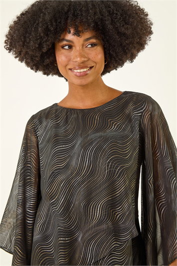 Black Foil Print Chiffon Overlay Tunic Top | Roman UK