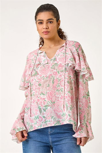 Pink Floral Print Tie Front Top