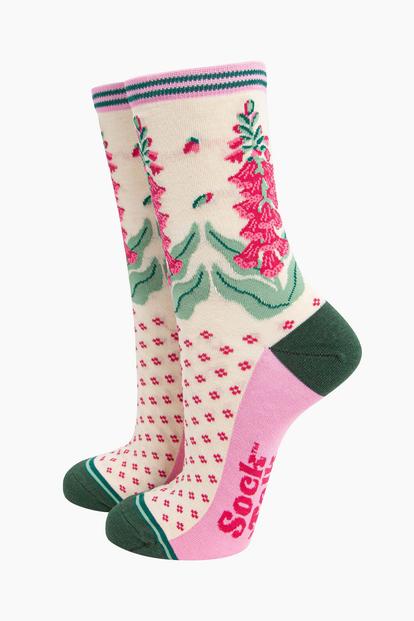 Cream Floral Bamboo Socks - Cream, Foxgloves
