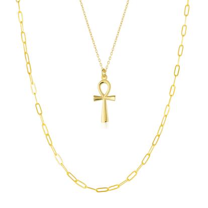 Metallic Sterling Silver Egyptian Ankh And Large Rectangular Chain Stacking Necklace Set