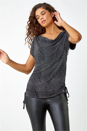 Metallic Glitter Print Cowl Neck Stretch Top