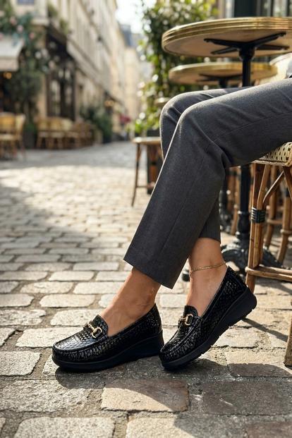 Black Chloe Womens Patent Horsebit Platform Loafers