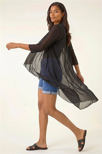 Black 3/4 Sleeve Mesh Longline Kimono
