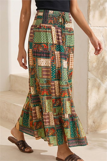 Green Paisley Print Shirred Maxi Skirt
