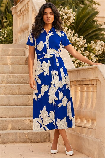 Blue Contrast Floral Print Shirt Dress