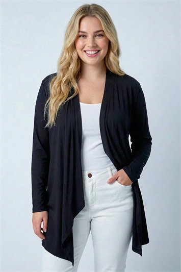 Black Curve Waterfall Front Jersey Cardigan