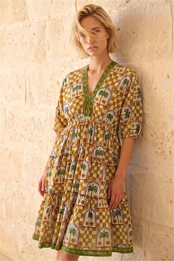 Yellow Palm Check Print Boho Dress