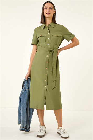 Button Belted Collared Shirt Dress 14863340