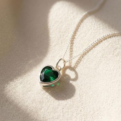 Green Mini Heart Silver Emerald May Birthstone Necklace