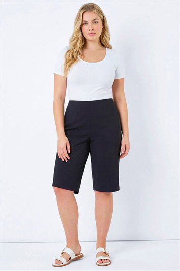 Black Curve Knee Length Elastic Waist Shorts