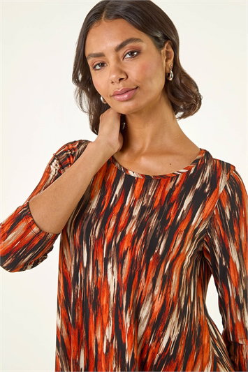 Orange Abstract Print Hanky Hem Stretch Top