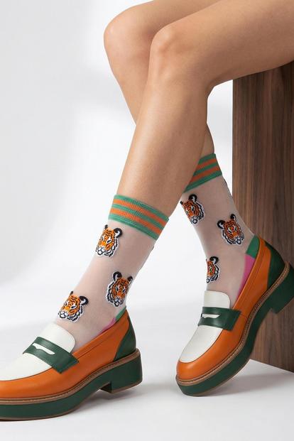 Multi Tiger Faces Combed Cotton Sheer Pop Socks In Green