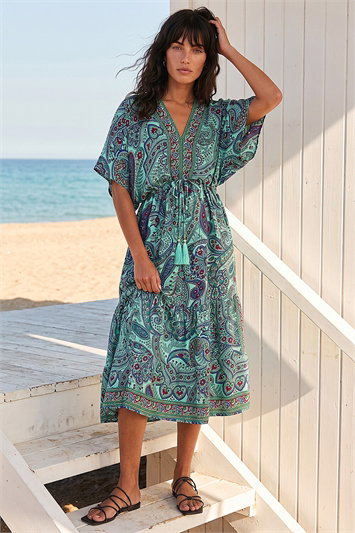 Paisley Print V-Neck Midi Dress 14758056