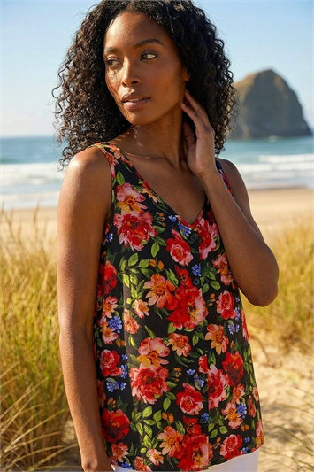 Red Floral Buttoned Vest Top