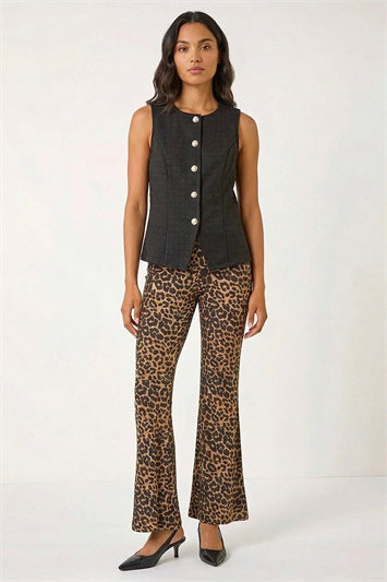 Cream Animal Print Flare Stretch Trouser