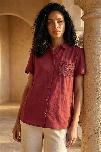 Red Crochet Pocket Button Shirt