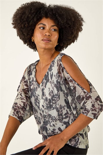 Grey Metallic Plisse Banded Hem Top