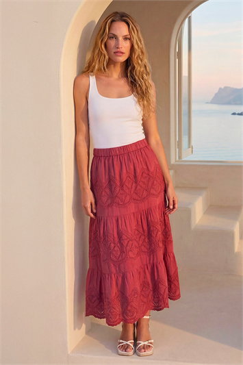 Red Broderie Elastic Waist A Line Tiered Midi Skirt