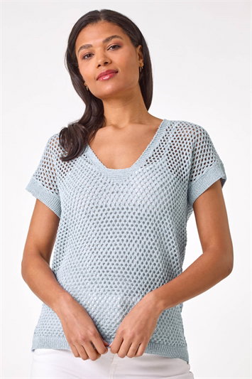 Blue Double Layer Open Knit Top