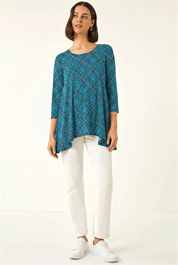 Blue Printed Hanky Hem Tunic Top