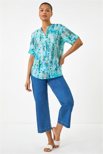 Blue Abstract Buttoned V-Neck Top