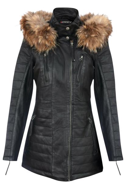 Black Slim Fit Leather Hooded Parka Jacket